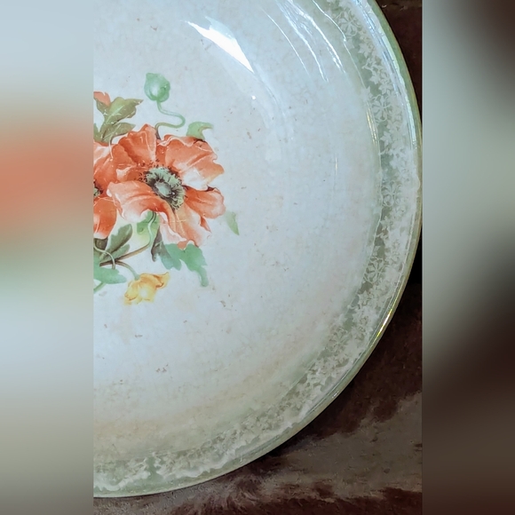 Antique Porcelain Bowl With Orange Poppies & Green Border - Picture 10 of 15